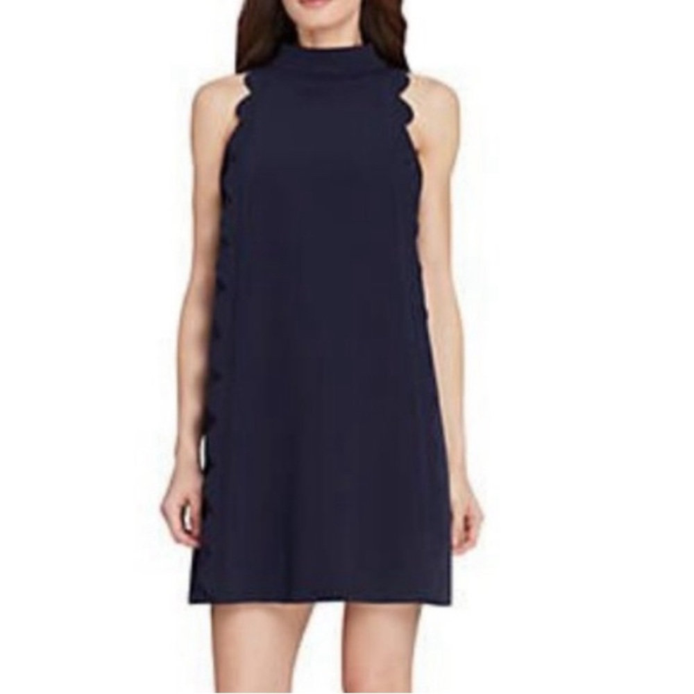 Tahari by ASL Scallop Shift Dress with Mock Neck Women's Dress Navy